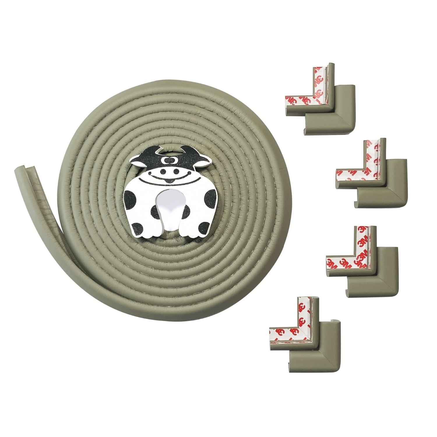 BabySafeHouse Edge Guard and Corner Protector – Extra Long 19ft (16.5ft Edge + 8 Pre-Taped Corner Guards) and Cow Shape Door Stopper (Grey Color) for Baby Proofing & Child Safety