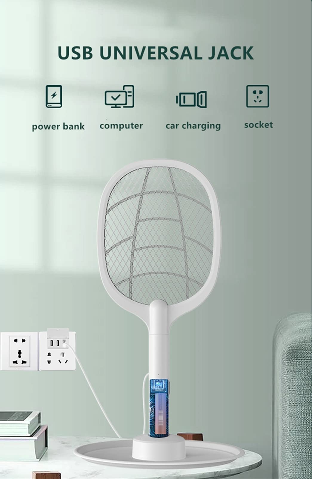 FAXIOAWA Matamoscas eléctrico, matamoscas eléctrico de 3000 V, matamoscas, Recargable por USB con Base de Carga, con Bandeja de Almacenamiento, Gris