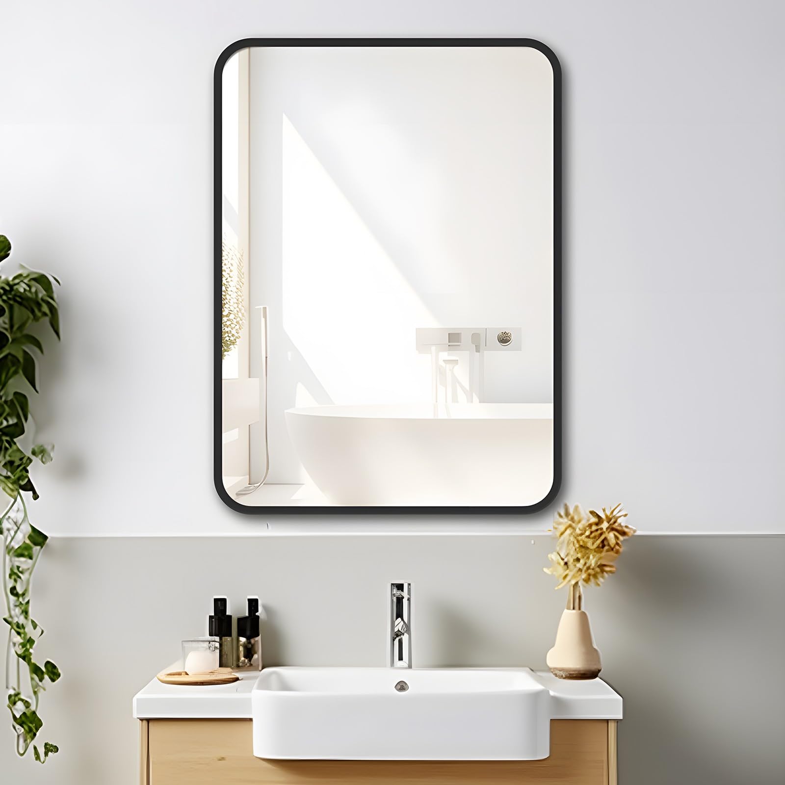 MIQU Espejo de baño de 70 x 50 cm, espejo de pared grande, sin iluminación, rectangular con marco de metal negro, espejo decorativo para baño, salón, aseo, pasillo K