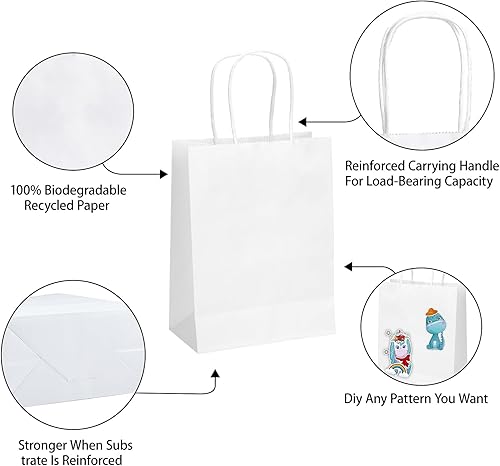 Miniatura 3 de MOZRRO Bolsas de regalo, paquete de 100 unidades de 10.5 x 8.5 x 4.5 pulgadas, bolsas de papel con asas, tamaño mediano, bolsa de regalo blanca para