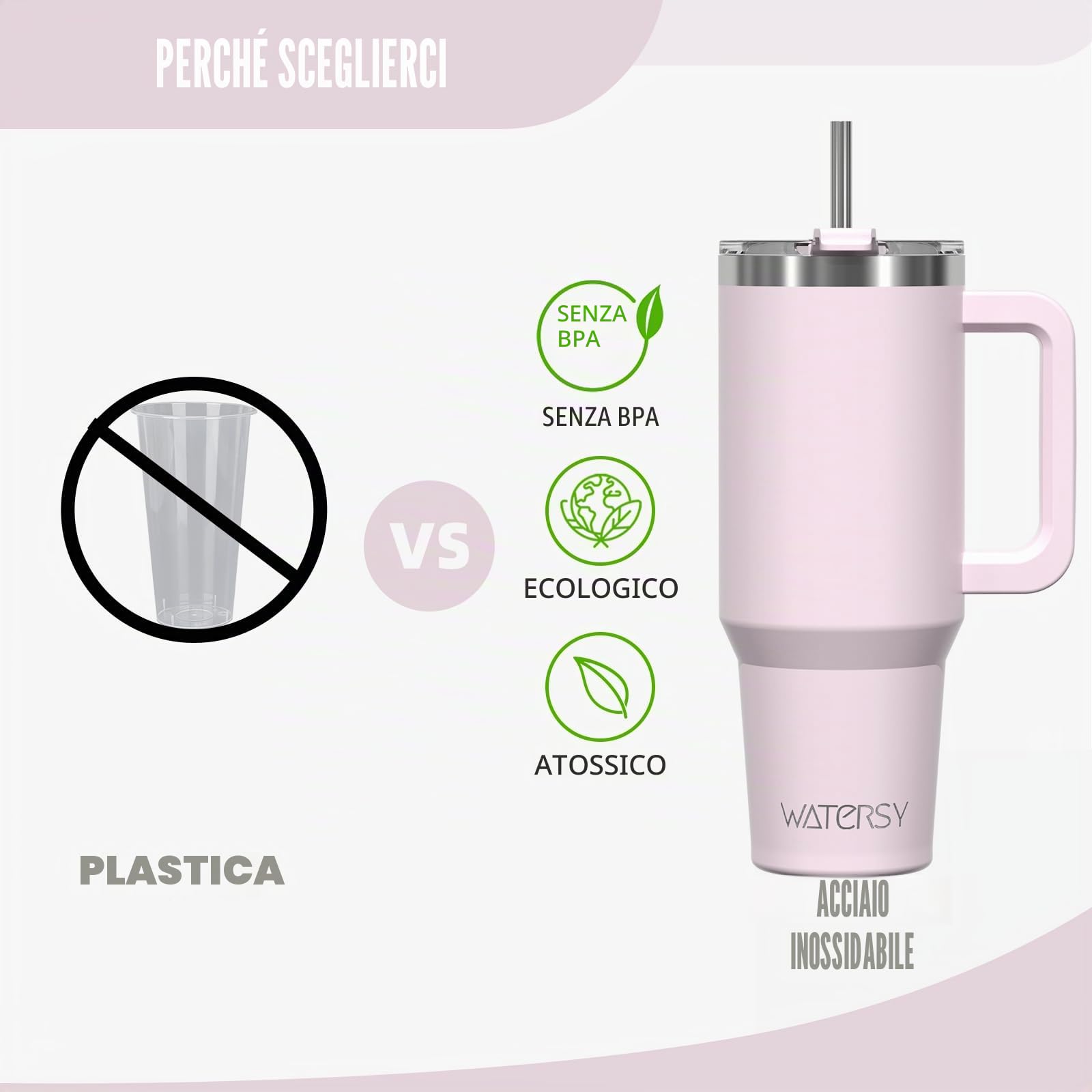 WATERSY 1.2L Bicchiere Termico con Manico, 40 oz Grande Tazza Termica in Acciaio Inox, Tazza da Caffè con Cannuccia, Thermos per Acqua Doppia Parete, per Palestra, Auto e Viaggio (Rosa Chiaro)