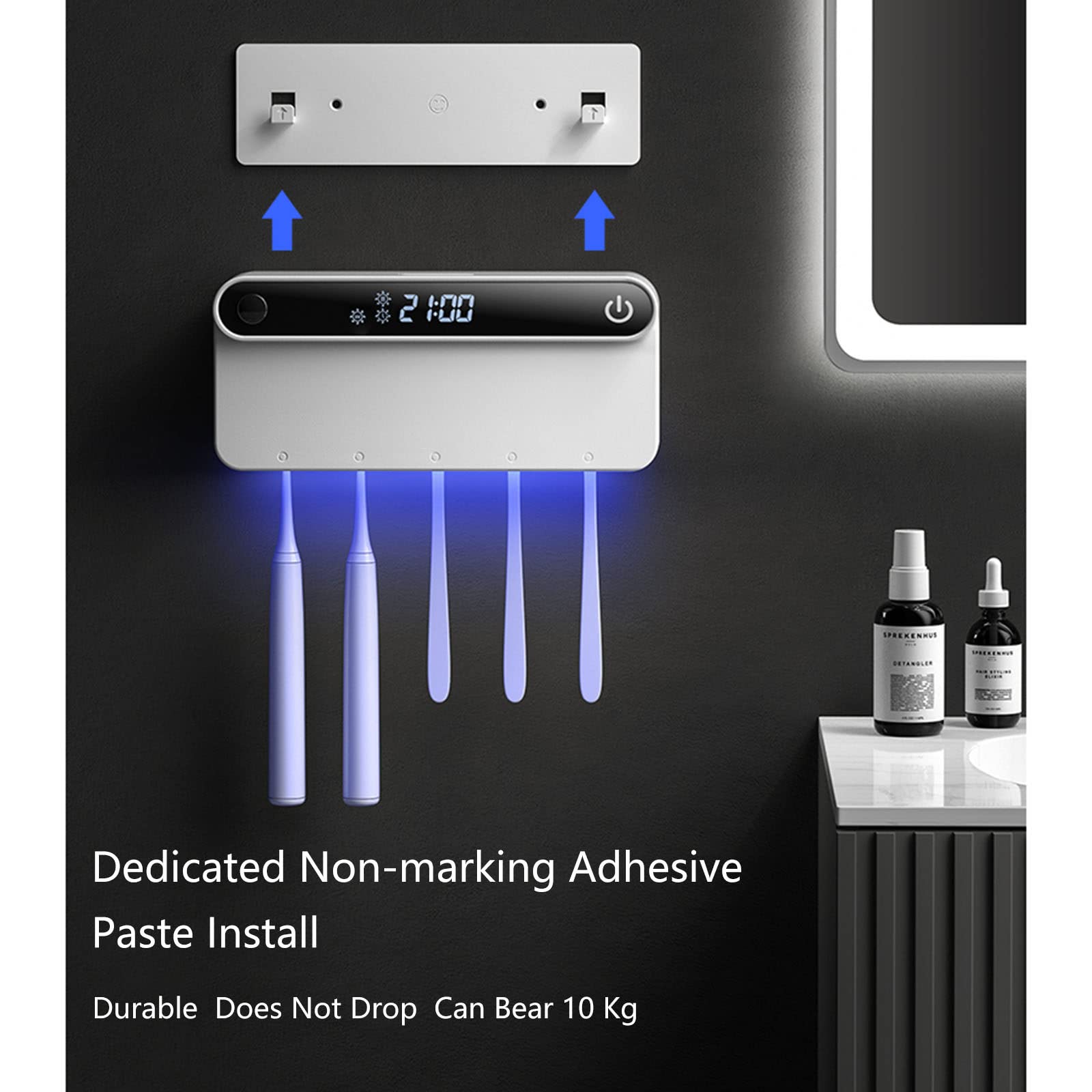 Esterilizador para cepillo de dientes con 5 soportes para cepillos de dientes y visualización de tiempo, recargable por USB, estuche desinfectante portátil montado en la pared para viajes y uso