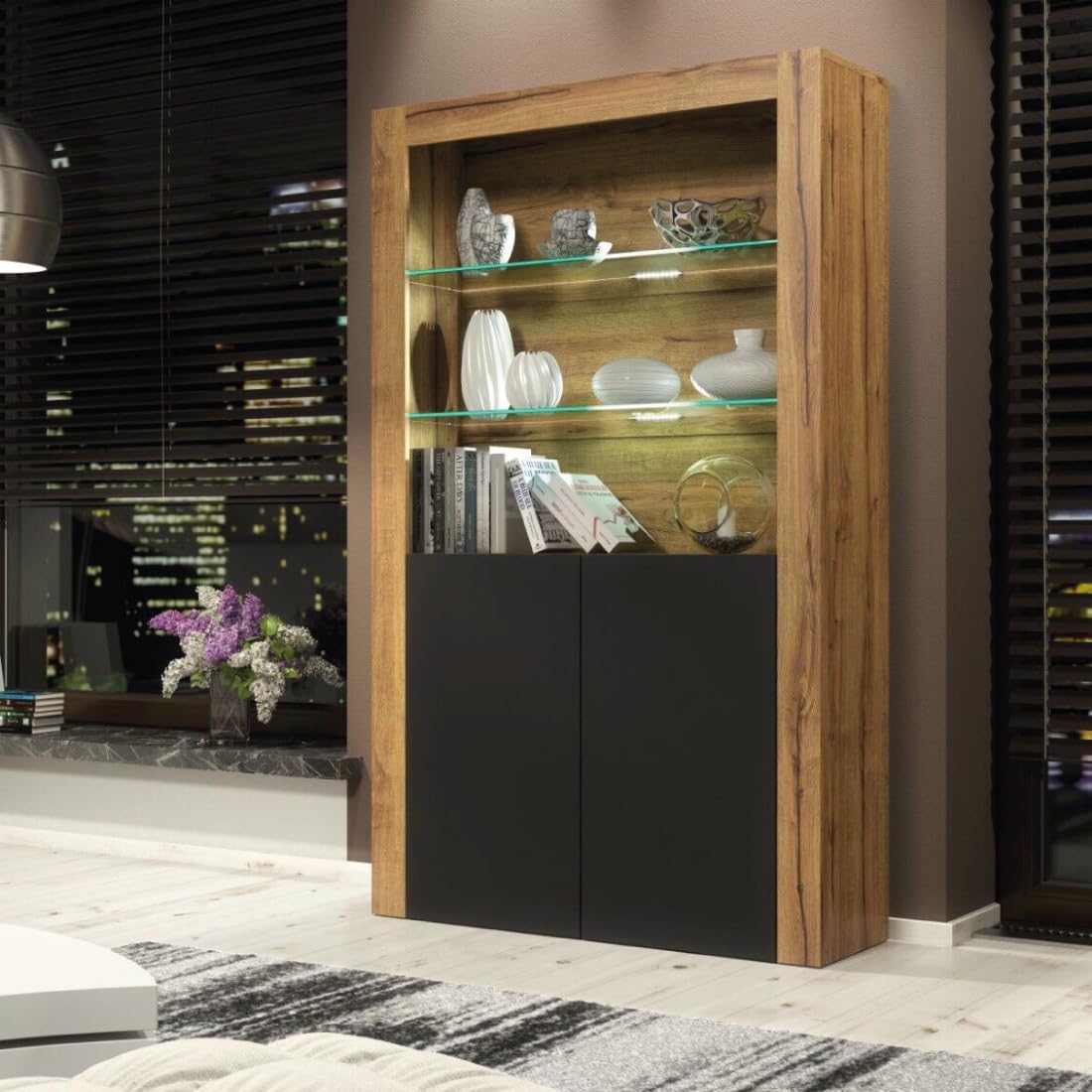 Creative Furniture Sideboard 170cm Oak Display Cabinet Modern Stand Black Matt Doors Free LED
