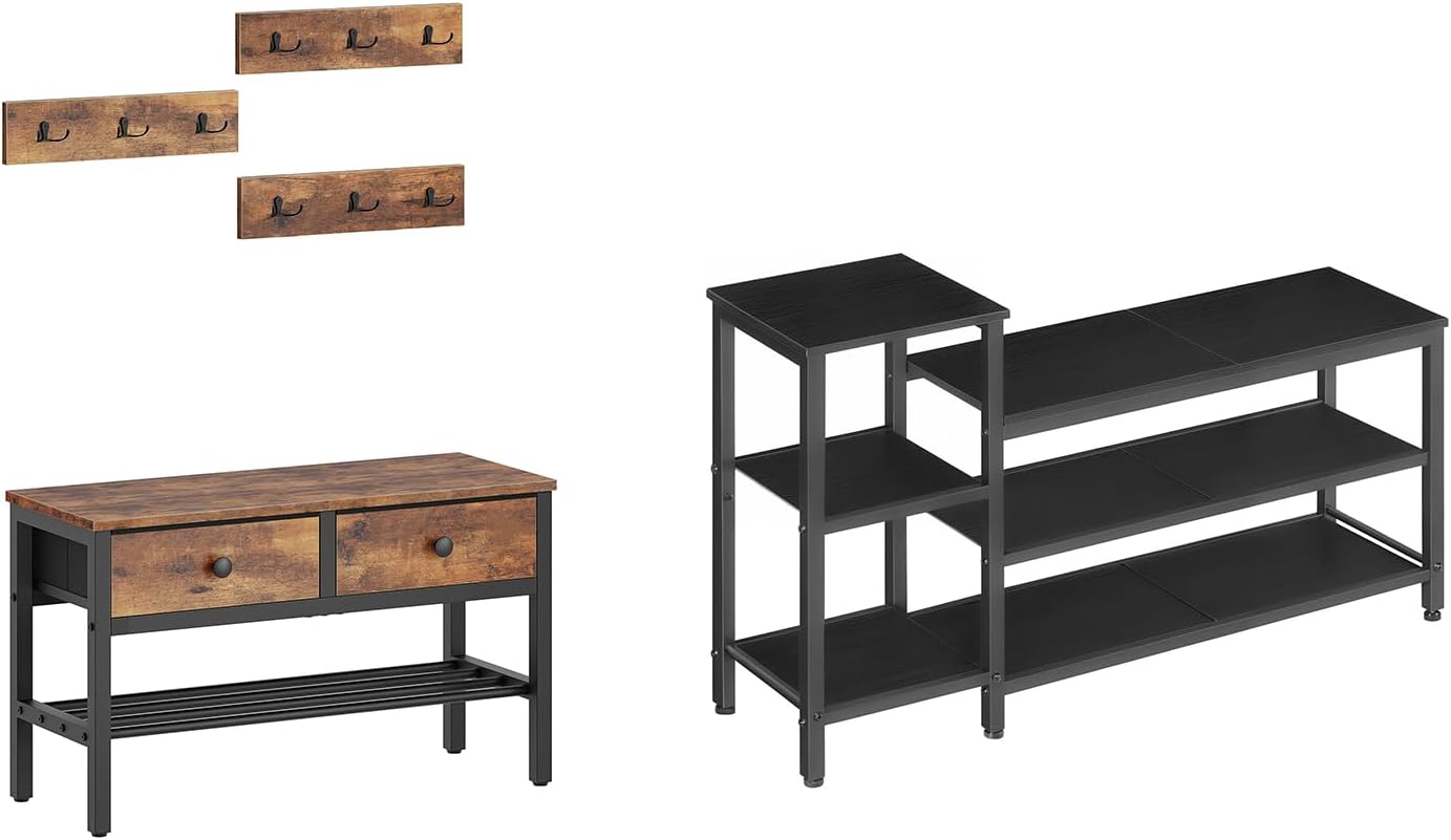 Coat Rack Shoe Bench Set, 4-in-1 Hall Tree with Drawers, 3-Tier Shoe Rack Bench, MT05BR-HX05BB