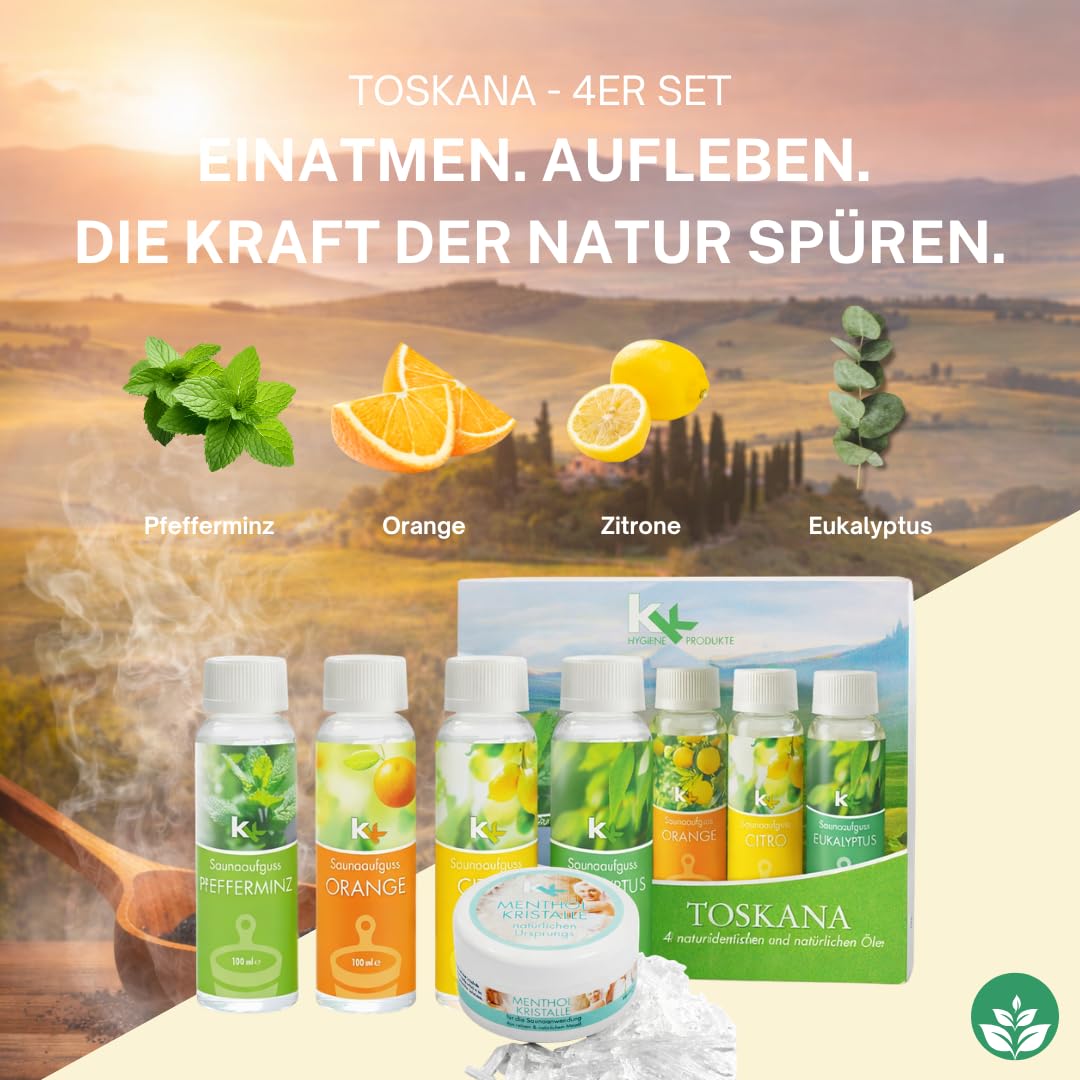 KK Hygiene Saunaaufguss Set „Toskana“ 4 x 100 ml (Eukalyptus, Orange, Zitrone & Pfefferminz) + 50 g Mentholkristalle – Mediterran-frisches Sauna Geschenkset für finnische Sauna & Dampfbad