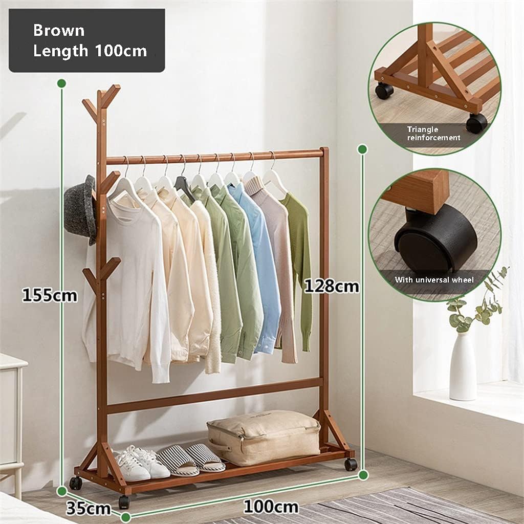 Floor-Standing Solid Wood Rotating Coat Rack，Bamboo Coat Rack with Wheels and Shoe Storage Shelves Multifunctional Garment Orga for Bedroom Easy to Install Brown 80cm