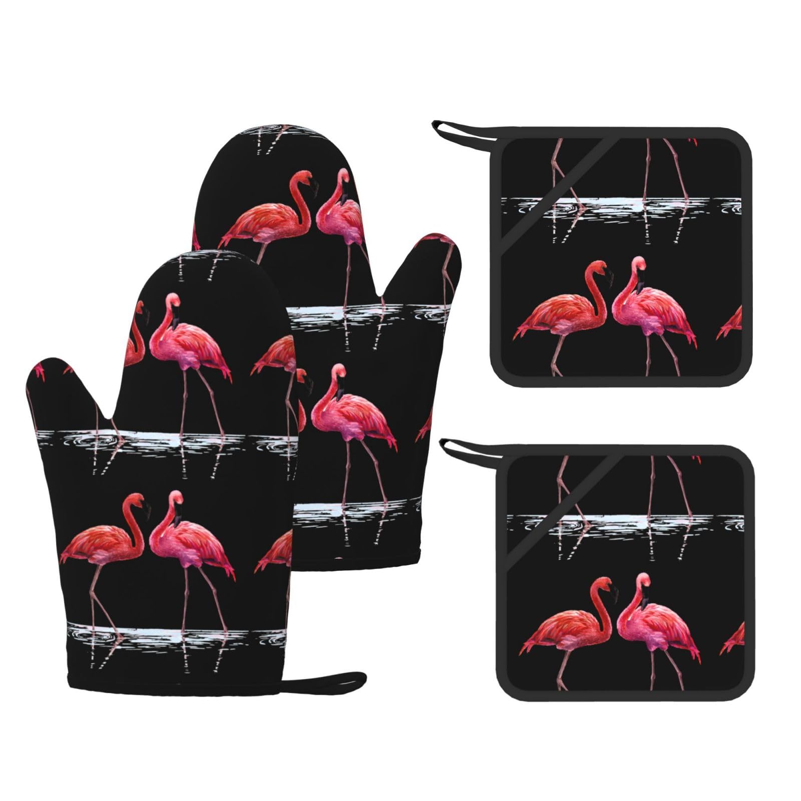 Cute Flamingo Printed Oven Mitts and Pot Holders Set of 4, Heat Resistant Silicone Gloves for Baking Grilling