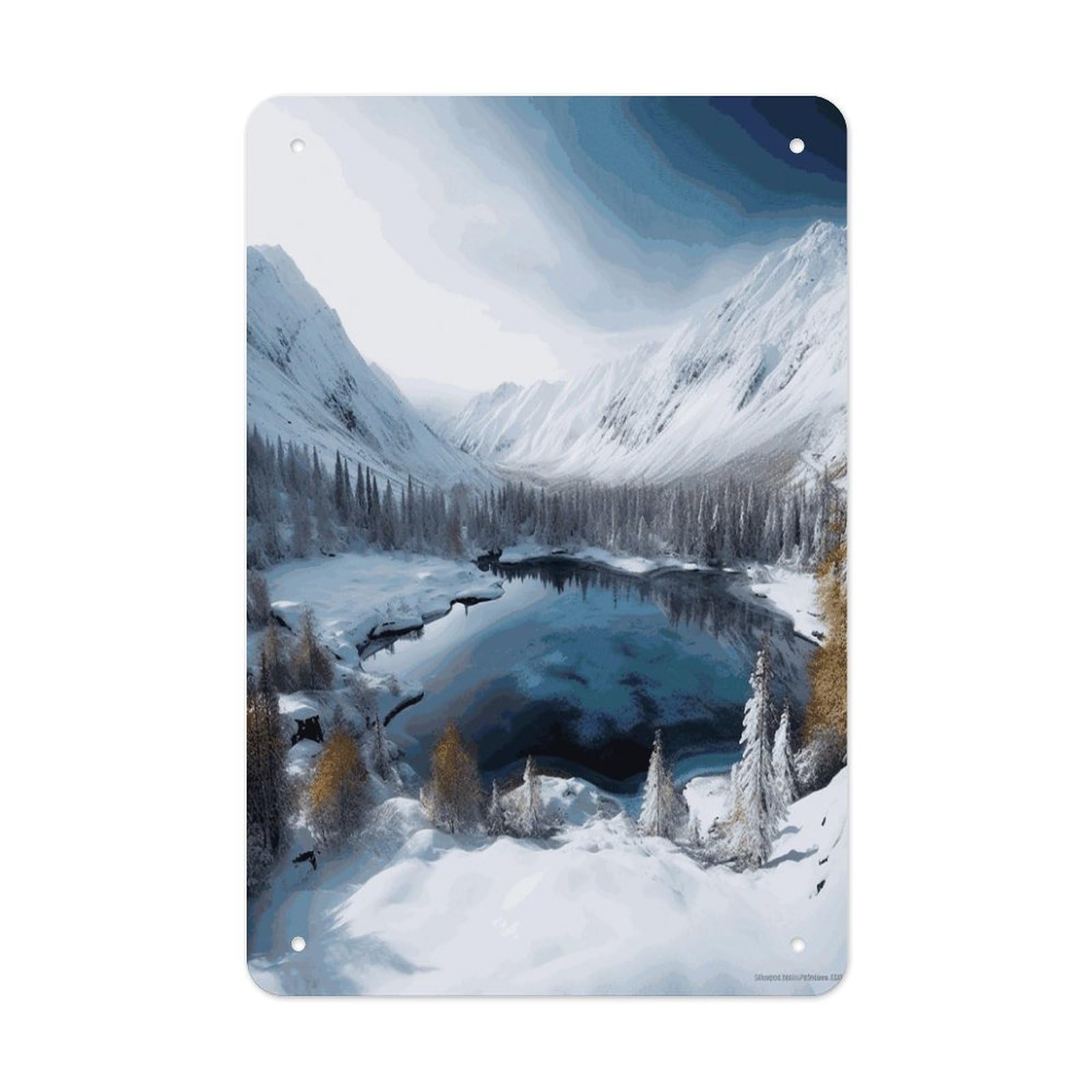 LDGSUPH Winter Mountains Snow Scene Wall Art Prints Folded Edge Iron Sheet Painting with Holes for Wall Prints Decorative Picture Metal Signboard Decor Painting for Outdoor Indoor Wall Decor