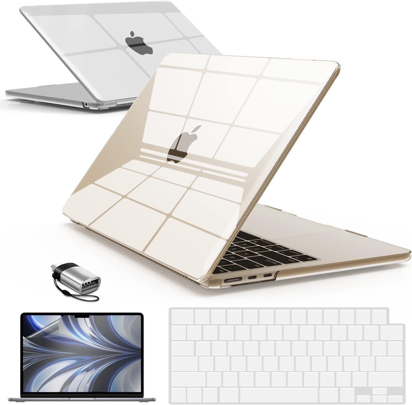 IBENZER Compatible with 2024 2023 2022 MacBook Air 13 inch Case M3 A3113 M2 A2681, Hardshell Case & KeyboardCover & ScreenFilm & Type-C Adapter for Mac Air 13.6, Crystal Clear, AT13-KK-CYCL+2TC