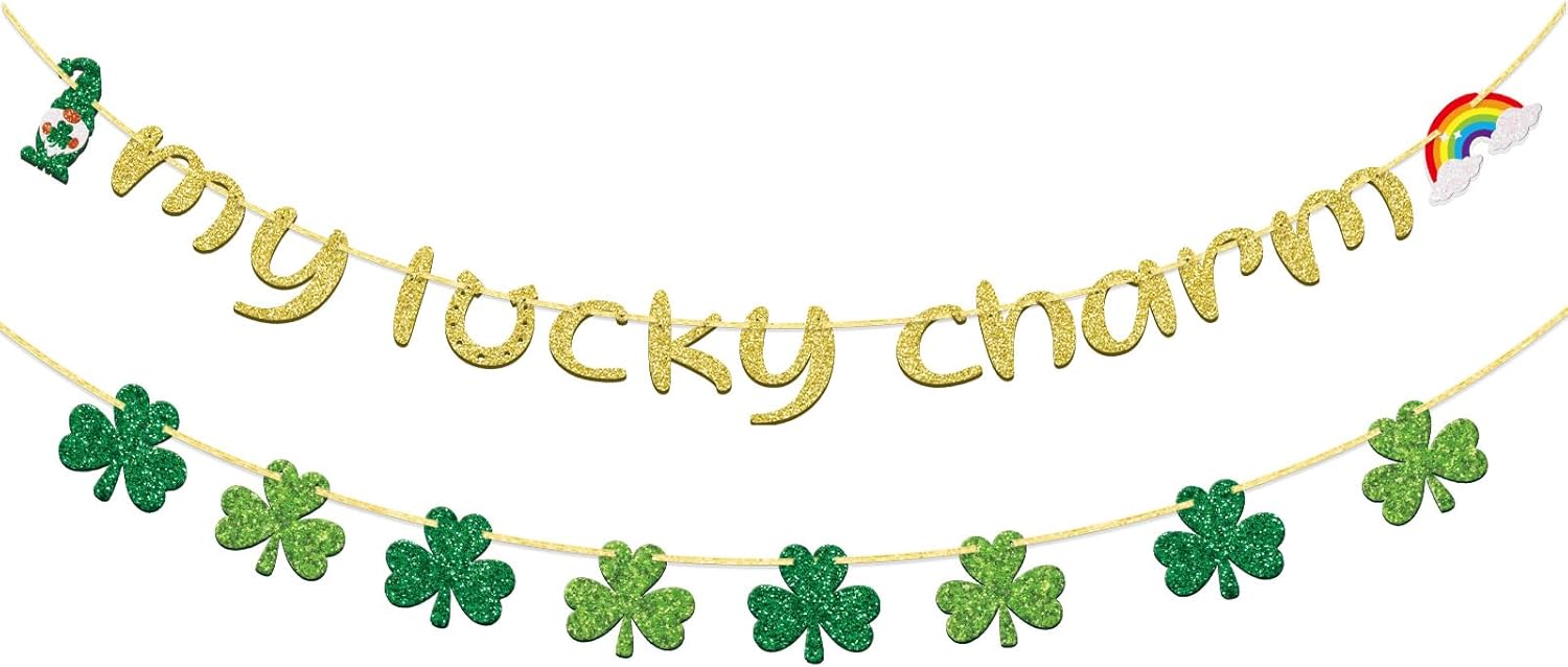 Qttier My Lucky Charm Banner with Shamrock, Pre-assembled St. Patrick's Party Decorations for St. Patrick's Day, Gold and Green Glitter