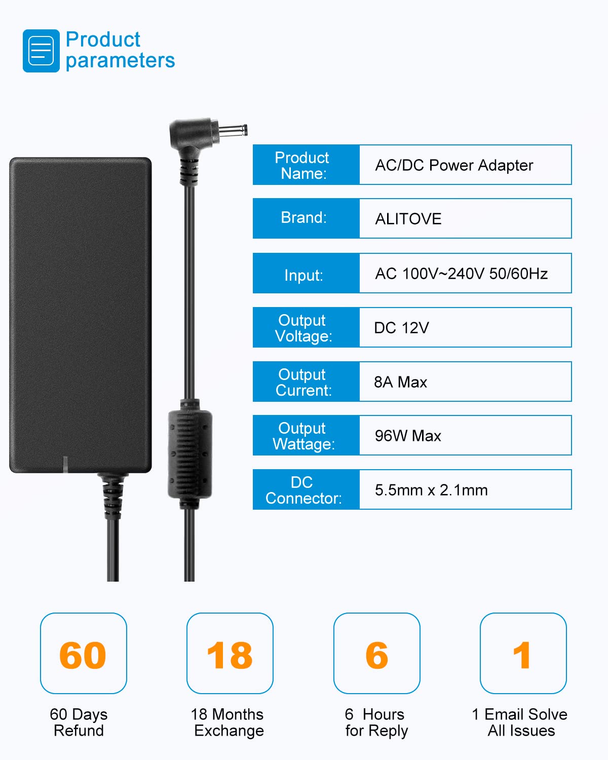 ALITOVE Alimentation 12V 8A 96W Convertisseur de Tension 230V à 12V 8A Adaptateur d'alimentation Transformateur LED Transformateur 5,5 mm x 2,5 mm Prise pour Module de Bande LED 3528 5050 CCTV