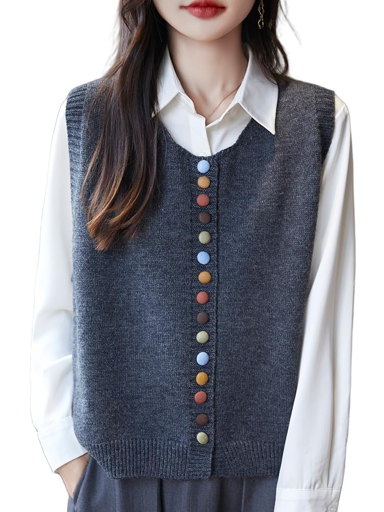 LIUYUYOUGO Women's Knitted Sleeveless Cardigan Crew Neck Jumpers Chic Colorful Buttons Up Knitted Vest Trendy Open Front Cardigan Sweater Knit Waistcoat Top for Ladies Grey S