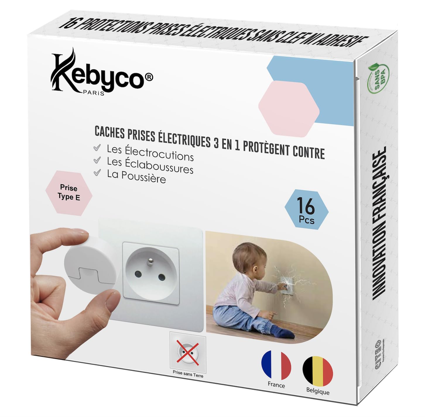 NOUVEAU Cache Prise Bébé FRANÇAIS Automatique - Universel - KEBYCO Paris - [16 Pcs] - Sécurité Electrique Enfant - Sans Adhésif - Sans Clef - Anti Poussière - Étanche - Invention Française