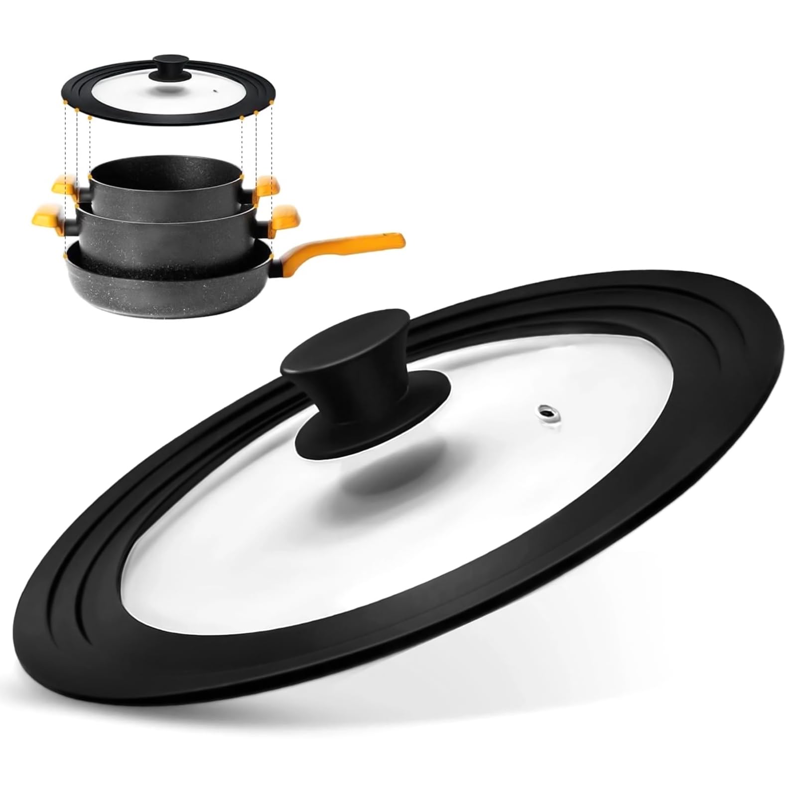 Cericai Black Universal Lid For Pots - Pans And Skillets Silicone Lid Fits 16Cm,18Cm, 20Cm Diameter Cookware, Tempered Glass With Heat Resistant Silicone Rim, Universal Glass Lids For Saucepan Lids And Frying Pan