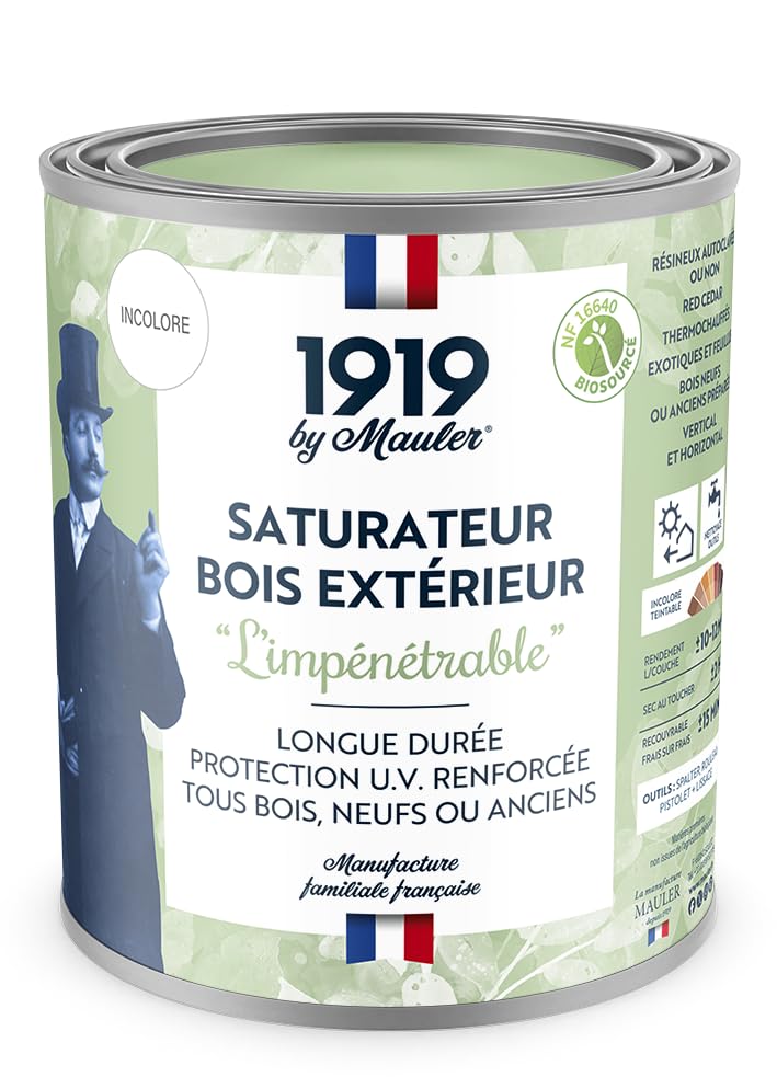 1919 by MAULER - Saturateur bois extérieur - Incolore 1L - Terrasse et Bardage tout bois - Qualité Professionnelle
