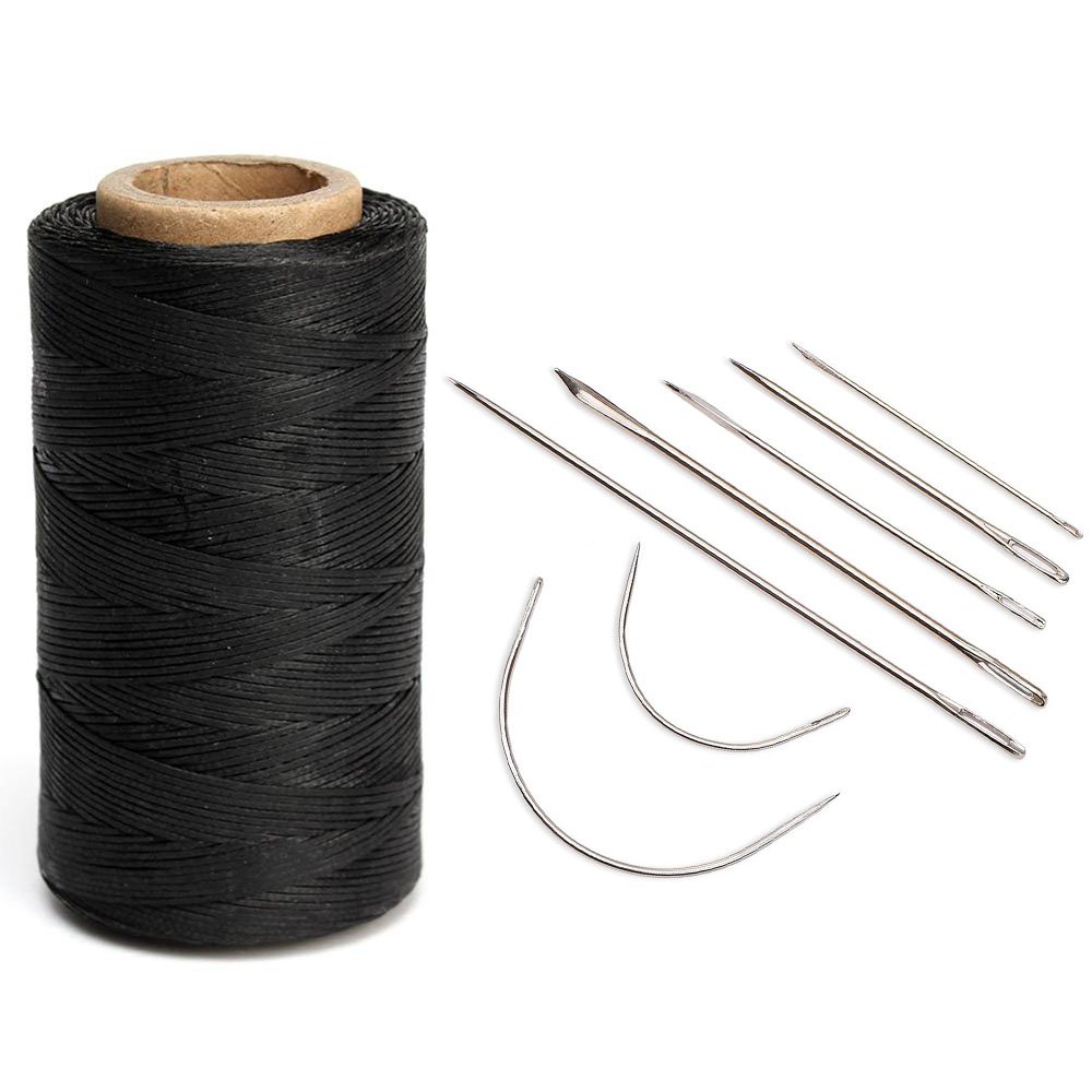 Naehgarn 260 Meter ledernähen gewachst 1mm Naehfaden Wachs Schnurcord mit 7pcs lederne nahen Nadeln für Leder Fertigkeit DIY, Polyester (Schwarz)