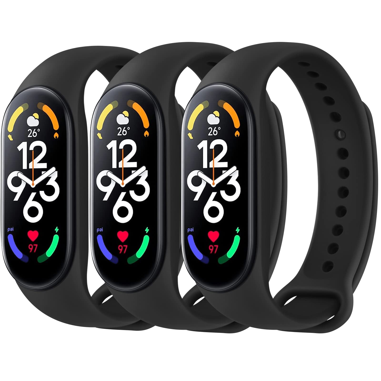 Vancle Pack of 3 Wristbands for Xiaomi Mi Band 7, Soft Silicone Sport Waterproof Replacement Strap for Xiaomi Mi Band 7 Women Men (Black/Black/Black)