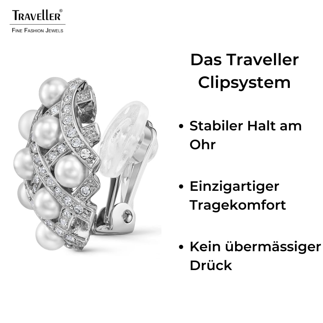 Traveller Ohrclips - Damen - Silberfarben - Perle - Ø 4mm - Weiß - Kristalle - Platiniert - 22x22mm - 114358
