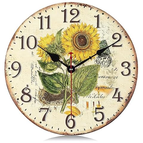 Lafocuse Wooden Yellow Sunflower Wall Clock Silent Non Ticking 12 Inch,Battery Operated Vintage Shabby Chic Rustic Farmhouse Kitchen Clocks Wall Decorative for Living Room Bedroom Office Cover