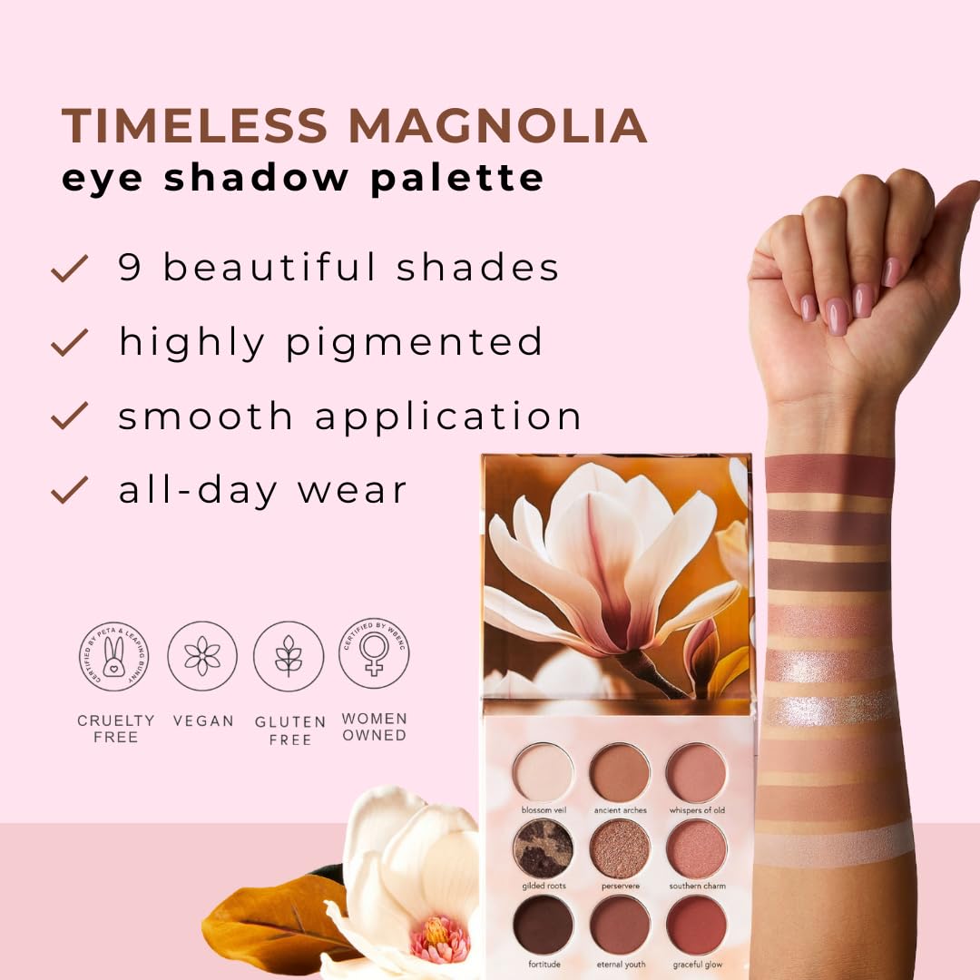 Honeybee Gardens Timeless Magnolia Eye Shadow Palette – 9 Shades Matte & Shimmer, Neutral Browns & Pinks, Vegan, Cruelty-Free Pressed Powder Eyeshadow, 0.45 oz