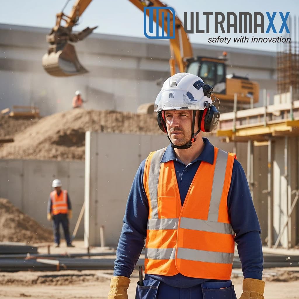 UM ULTRAMAXX Casco duro tipo II Clase C | Visera facial ajustable y orejeras desmontables | Certificado ANSI Z89.1, ajuste de trinquete de 6 puntos, ventilado con tiras reflectantes