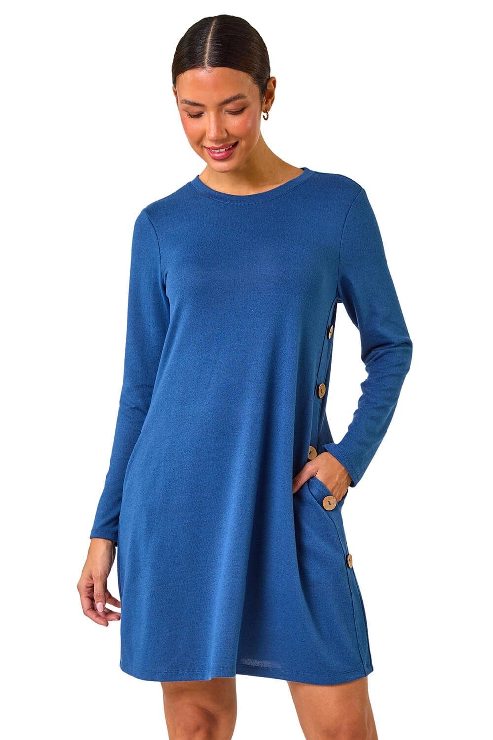 Roman Originals Women's Plain Blue Tunic Dress With Pockets For Uk Swing Fit & Flare Skater Slouch Stretchy Casual Smart Winter Jersey Pull On Work Office 3/4 Long Sleeves - Size 16
