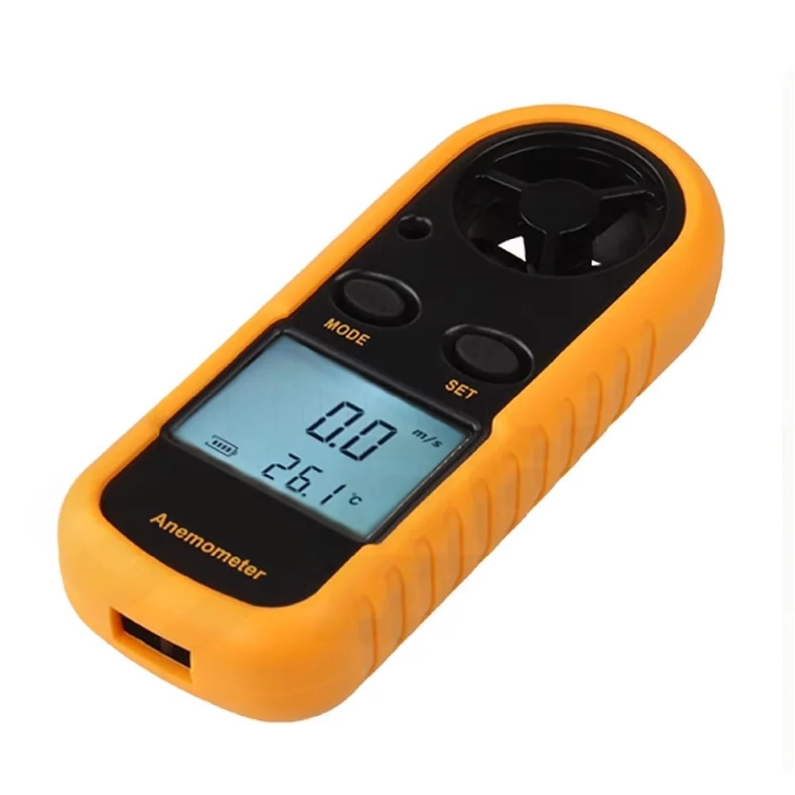 Anemómetro digital de bolsillo con escala de velocidad del viento y aire for medir con precisión la temperatura y el equipo.