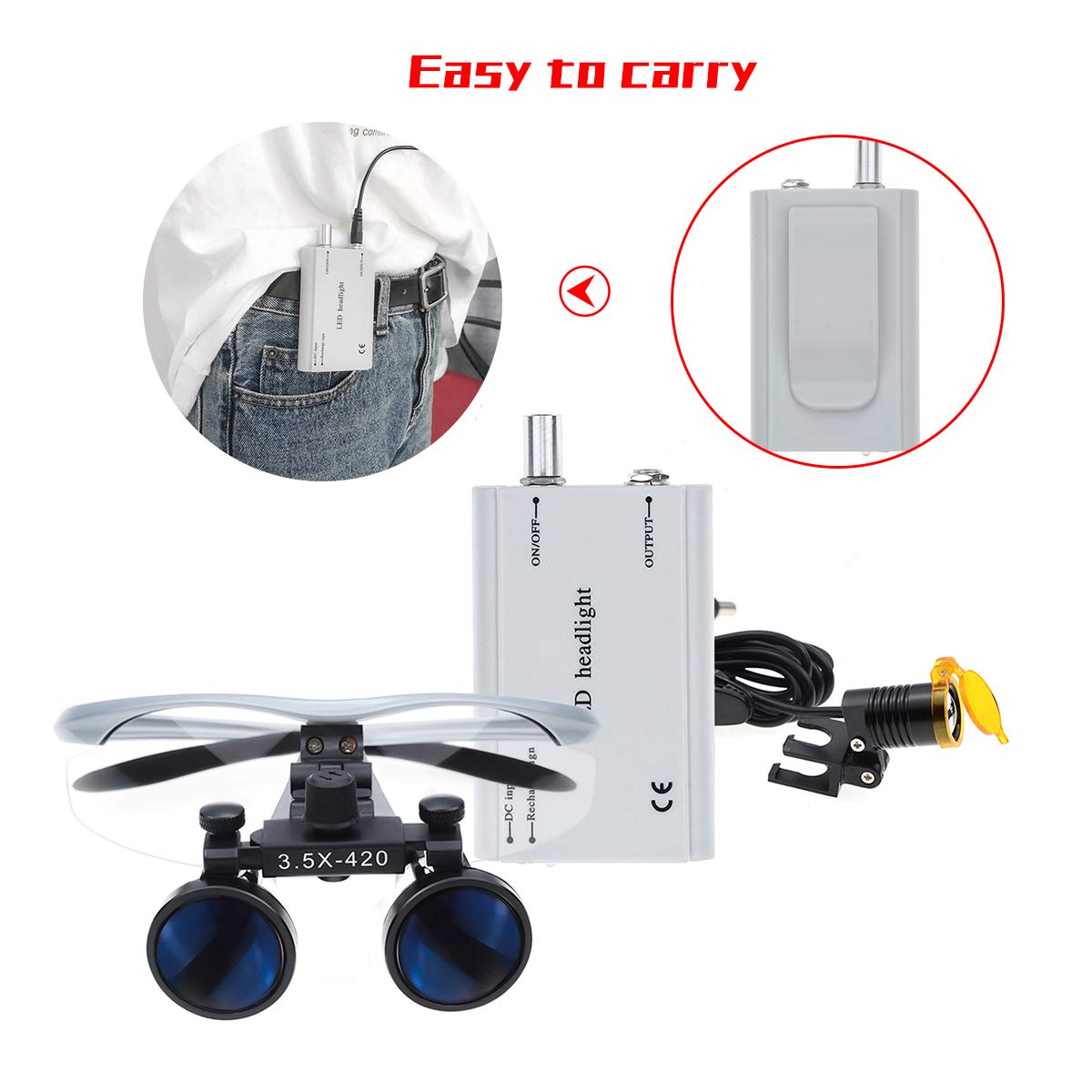 Duża lupa o dużej odległości roboczej 3,5 x 420 mm z przenośnym reflektorem LED 3 W, szeroki widok, plastikowy filtr optyczny, klips, aluminiowa skrzynka (srebrna)