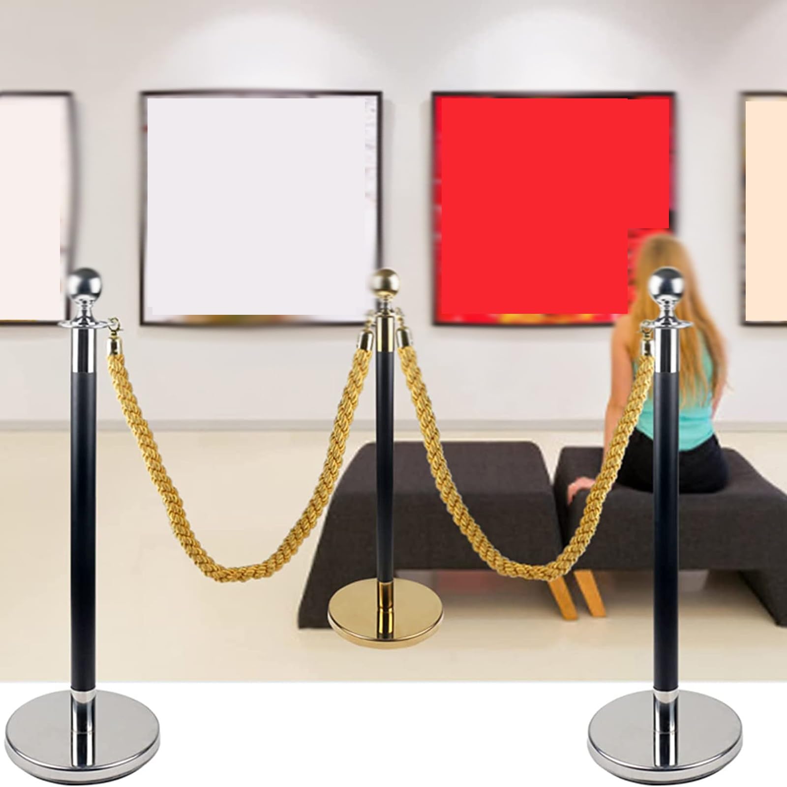 RENLXFI 1 1.5 2 2.5 3 M Twisted Yellow Queue Barrier Rope Divider, Crowd Control Ropes for Outdoor Wedding Hospital Playground Hanging Hemp Rope(Silver Hook,1.2m/4ft/47inch)