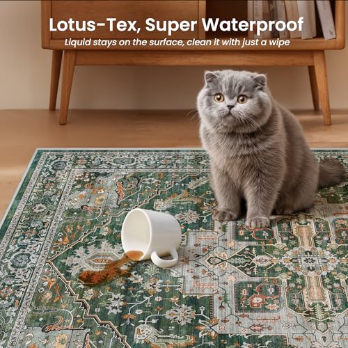 Rugland 5x7 Area Rugs - Stain Resistant Washable Rug, Anti Slip Rugs for Living Room, Vintage Tribal Area Rugs(Medallion 01-Green/Grey, 5'x7')