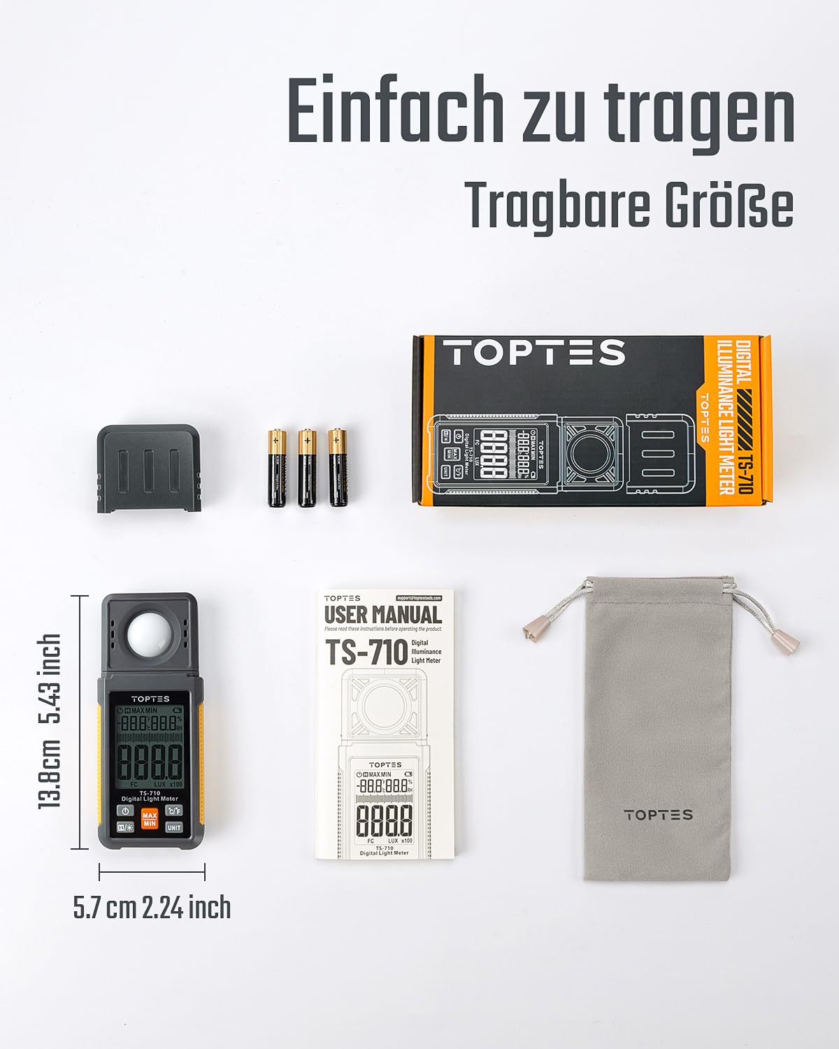 TopTes TS-710 Luxmeter mit 180º drehbarem Sensor, 0-200.000 Lux Lichtmessgerät mit Großes Backlit LCD, Messlicht für Zuhause, Zimmerpflanzen, Büro-Lernbereich - Inklusive Batterie
