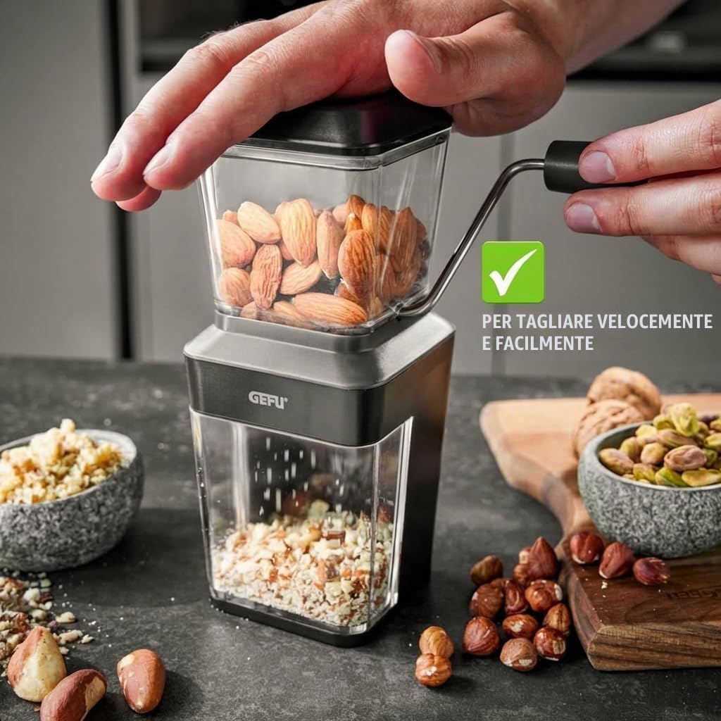 GEFU Trito - Macinasce in acciaio inox con manovella, per noci, mandorle, cioccolato, biscotti, con cassetto di raccolta, lavabile in lavastoviglie