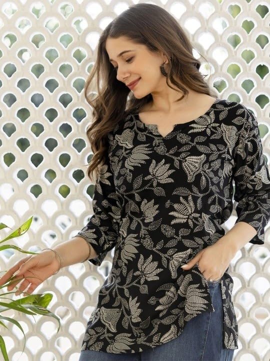 Image of Women's Short Kurti in TopsTunic Rayon Cotton Blend | Ladies Ethnic Tunic