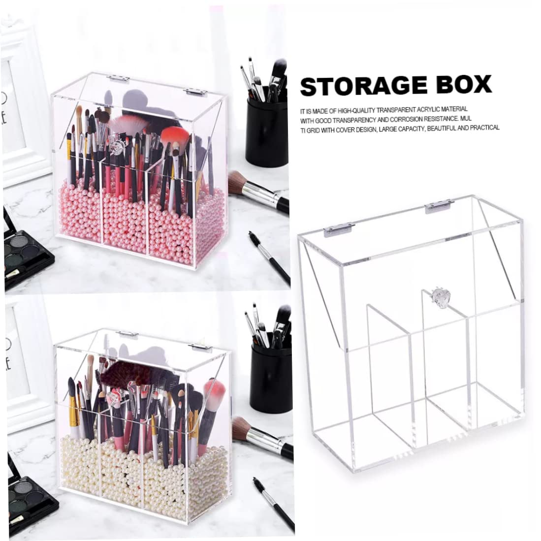 Organizador de Brochas de Maquillaje Acrílico Transparente con Compartimento para Tapa y Soportes para Cepillos