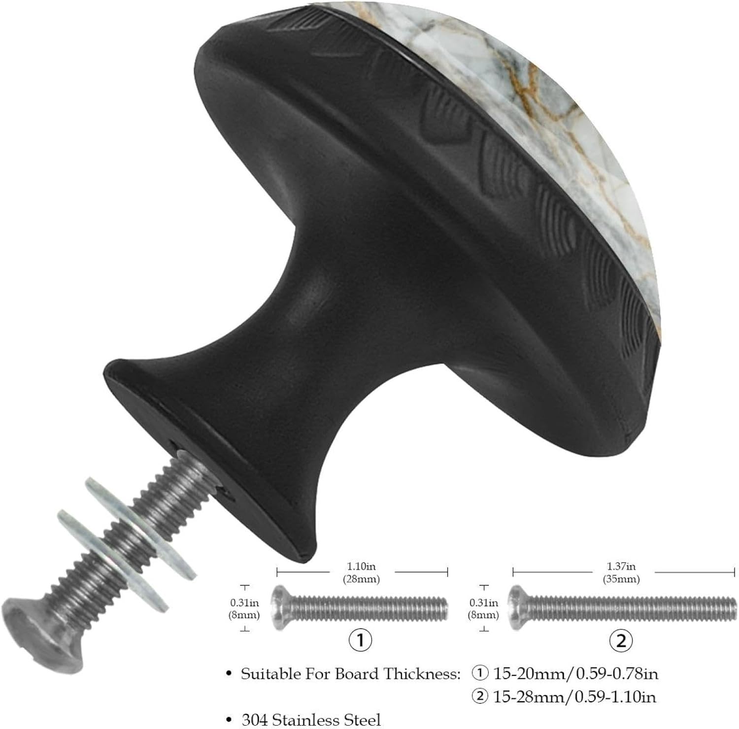 Black Base Marble White Household Pulls, Glass Cabinet Knobs for Living Room and Bathroom