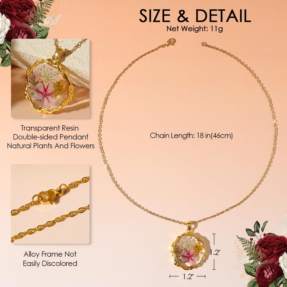 Birth Flower Necklaces for Women Golden Month Real Pressed Flora Necklace Handmade Boho Jewelry for Birthday Christmas Valentine's Day Lover Mother - Image 6