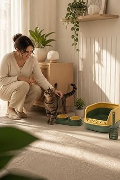 Busstier Evcil Hayvan Başlangıç Kiti, Kedi Tuvaleti, İkili Mama ve Su Kabı ve Kum Küreği Seti, Evde Günlük Kedi Bakımı İçin Çok Renkli