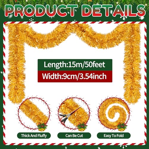 Image of 50 Ft Christmas Tinsel Garland Gold Thick Tinsel Garland Xmas Tree Decorations Metallic Tinsel Twist Garland for Christmas, Birthday, Party Decor Indoor Outdoor Party Supplies
