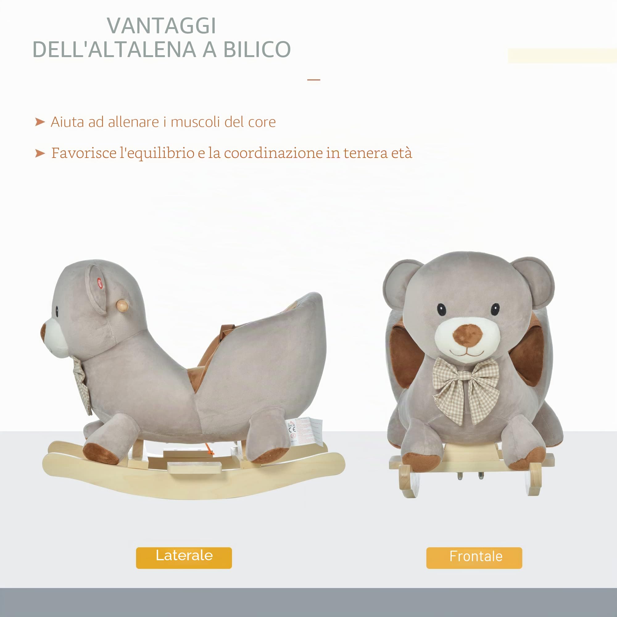 HOMCOM Cavallo a Dondolo a Forma di Orso con Suoni, Cavalluccio a Dondolo per Bambini 18-36 mesi Interattivo, Grigio, 60x33x50cm
