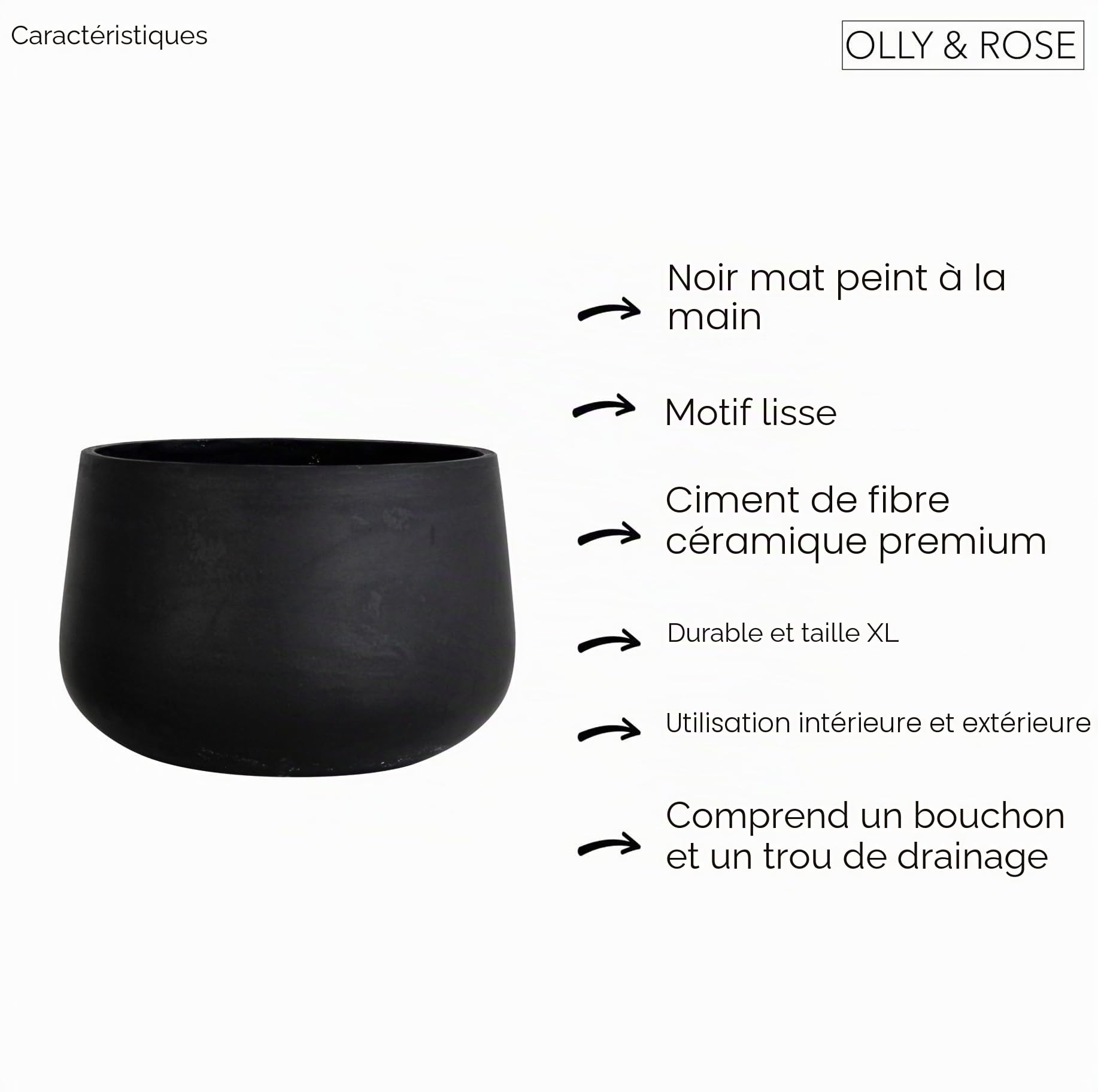 Olly & Rose Pot de fleur extra grand en fibretone noir mat - Pot de fleur XL d'intérieur et d'extérieur - 46 cm 18 pouces