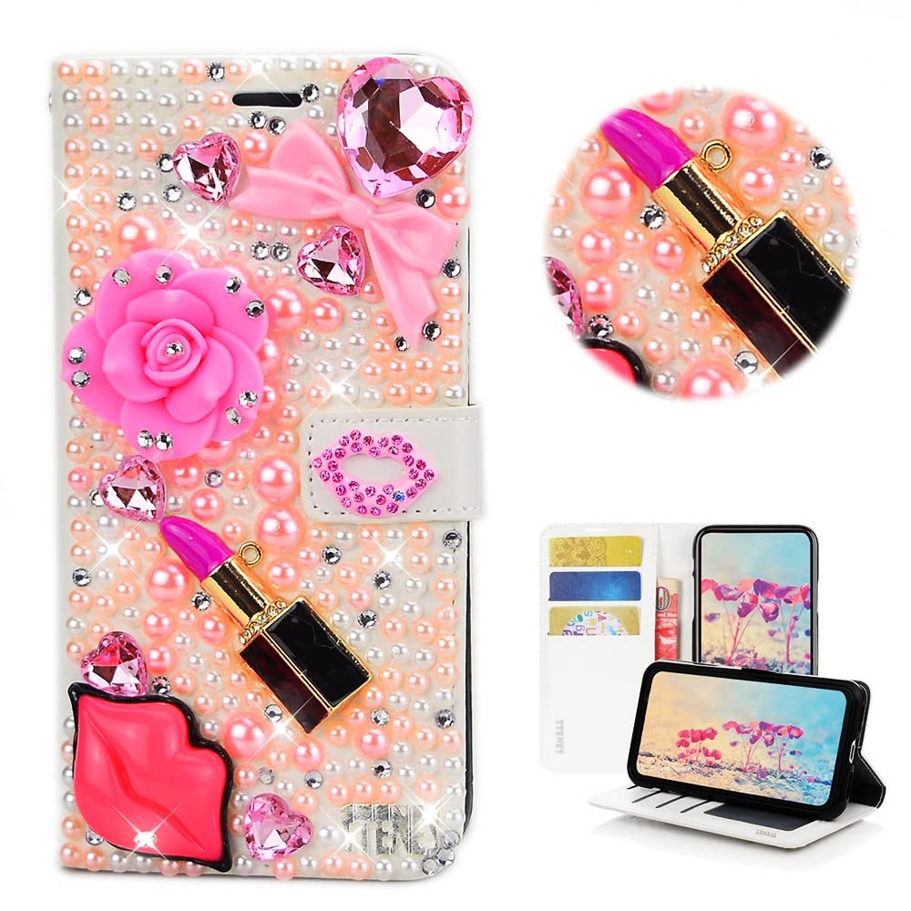 STENES Bling Wallet Phone Case Compatible with iPhone 12 Pro Max 6.7 inch 2020 Case - Stylish - 3D Handmade Lips Lipstick Flowers Bowknot Magnetic