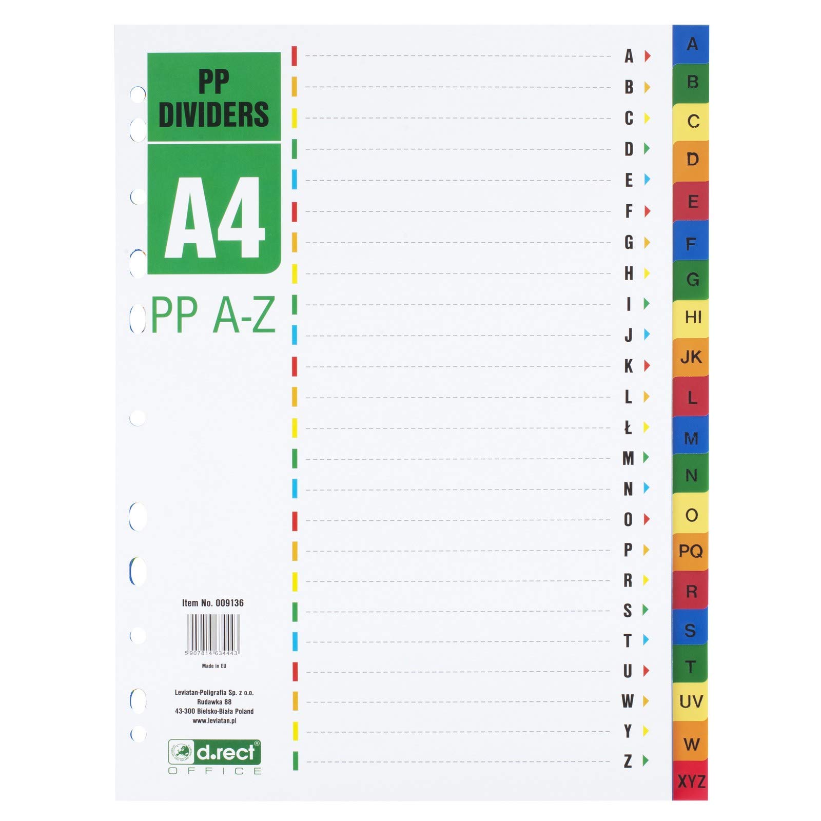 D.RECT Indice A4 PP A-Z Raccoglitori ad Anelli Multicolore Divisori in Polipropilene