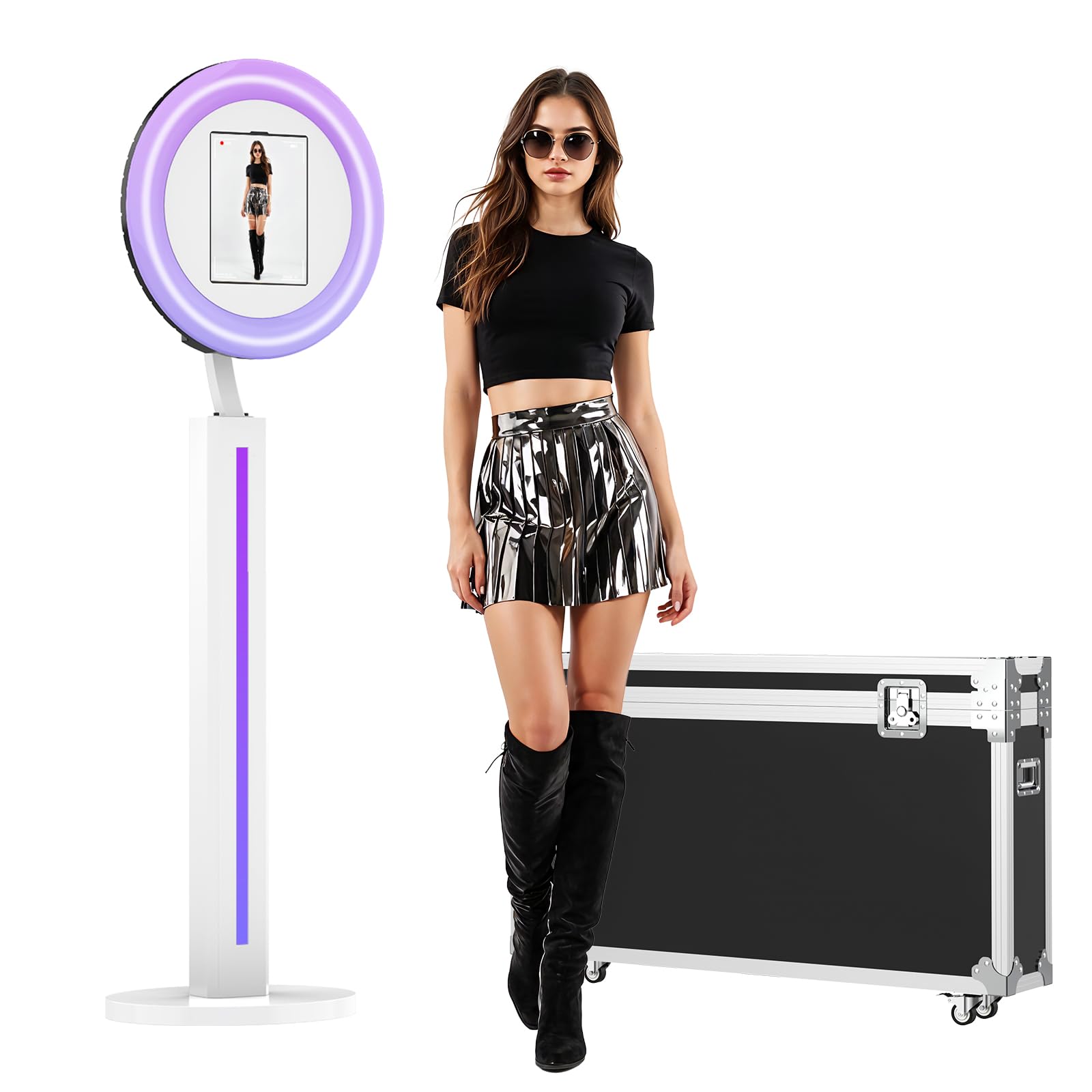MWE Photo Booth Machin mit Flightcase, Unterstützung Software und Fernsteuerung, Geeignet für Partys, Hochzeiten, Verleihindustrie, YouTube, Video, Tiktok (Lichtleiste, Weiß)