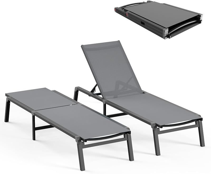Patio Chaise Lounge Chair, Foldable Lounge Chair for Outside, Aluminum Chairs Set of 2 with 5 Adjustable Backrest, Outdoor Pool Lounger for Poolside, Lawn, Deck, Grey
