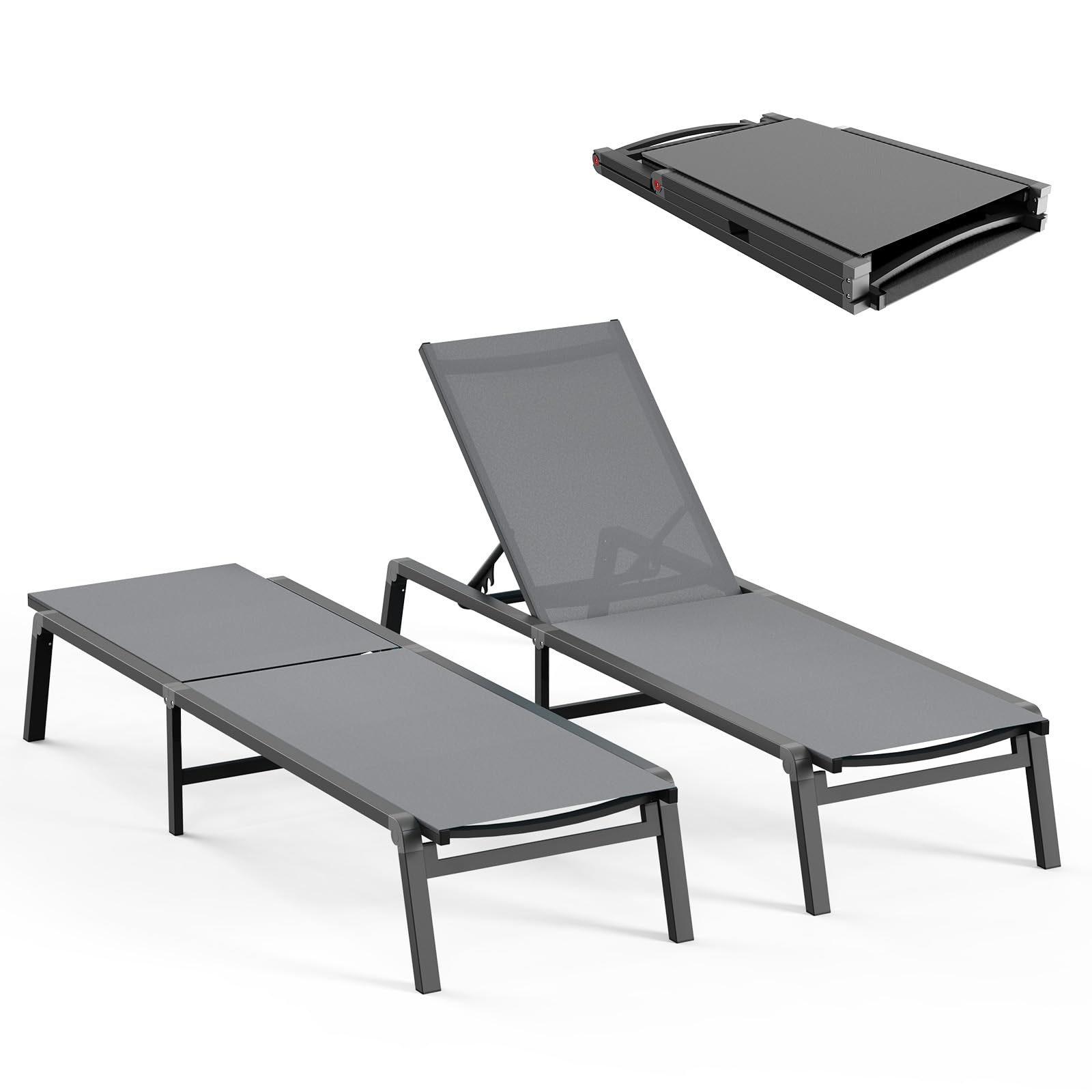 Patio Chaise Lounge Chair, Foldable Lounge Chair for Outside, Aluminum Chairs Set of 2 with 5 Adjustable Backrest, Outdoor Pool Lounger for Poolside, Lawn, Deck, Grey