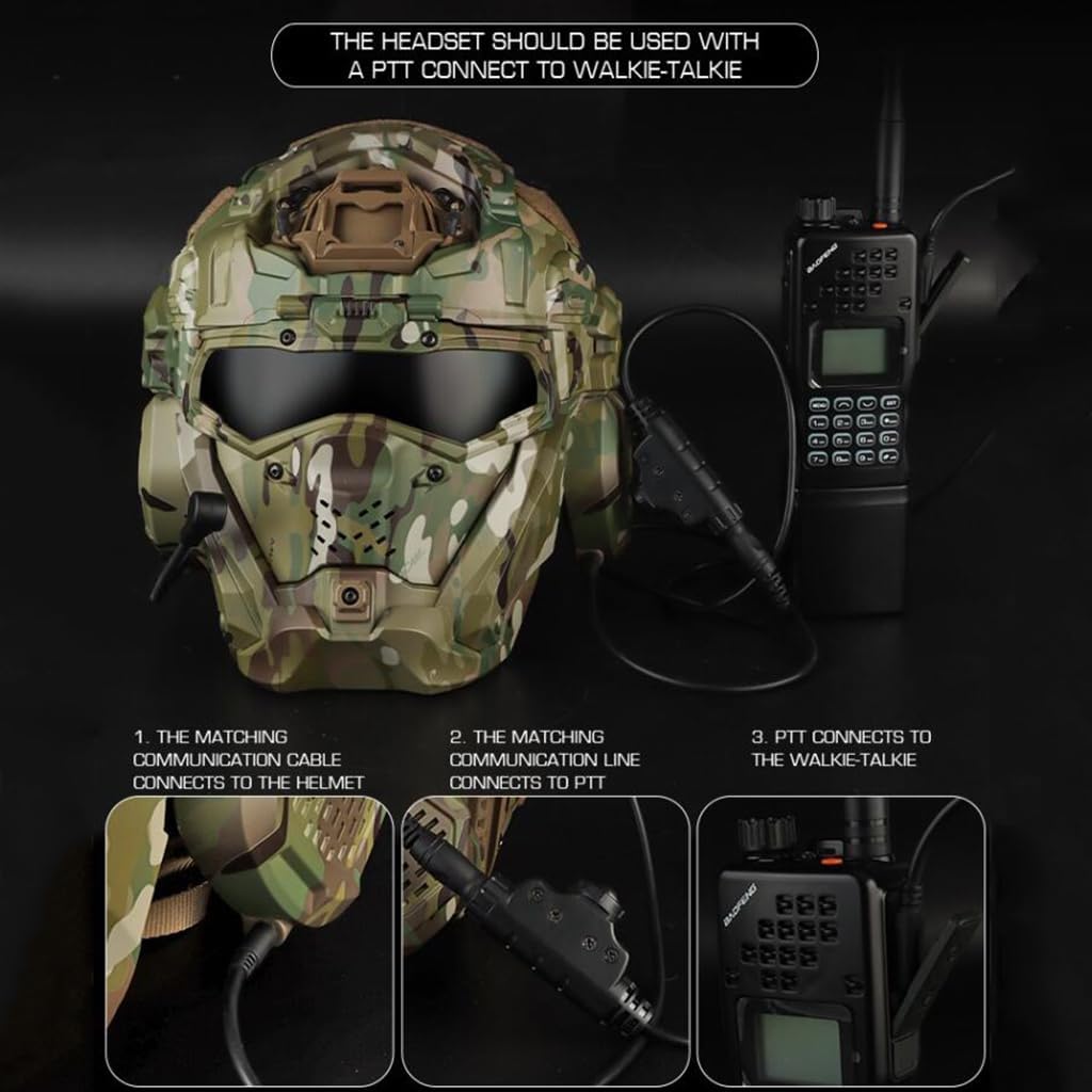 Tactical Airsoft Helmet Set Fast Helmet Built-in HD Headset with Full Face Mask Goggles and Anti-Fog Fan for Outdoor Paintball BB Game CS Airsoft Training Hunting Gear A