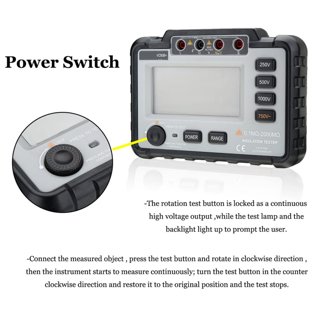Probador de Resistencia de Aislamiento Digital, medidor Megger Medidor de Voltaje de Resistencia a Tierra, VC60B 250/500/1000V DC Megger electrónico, Blanco