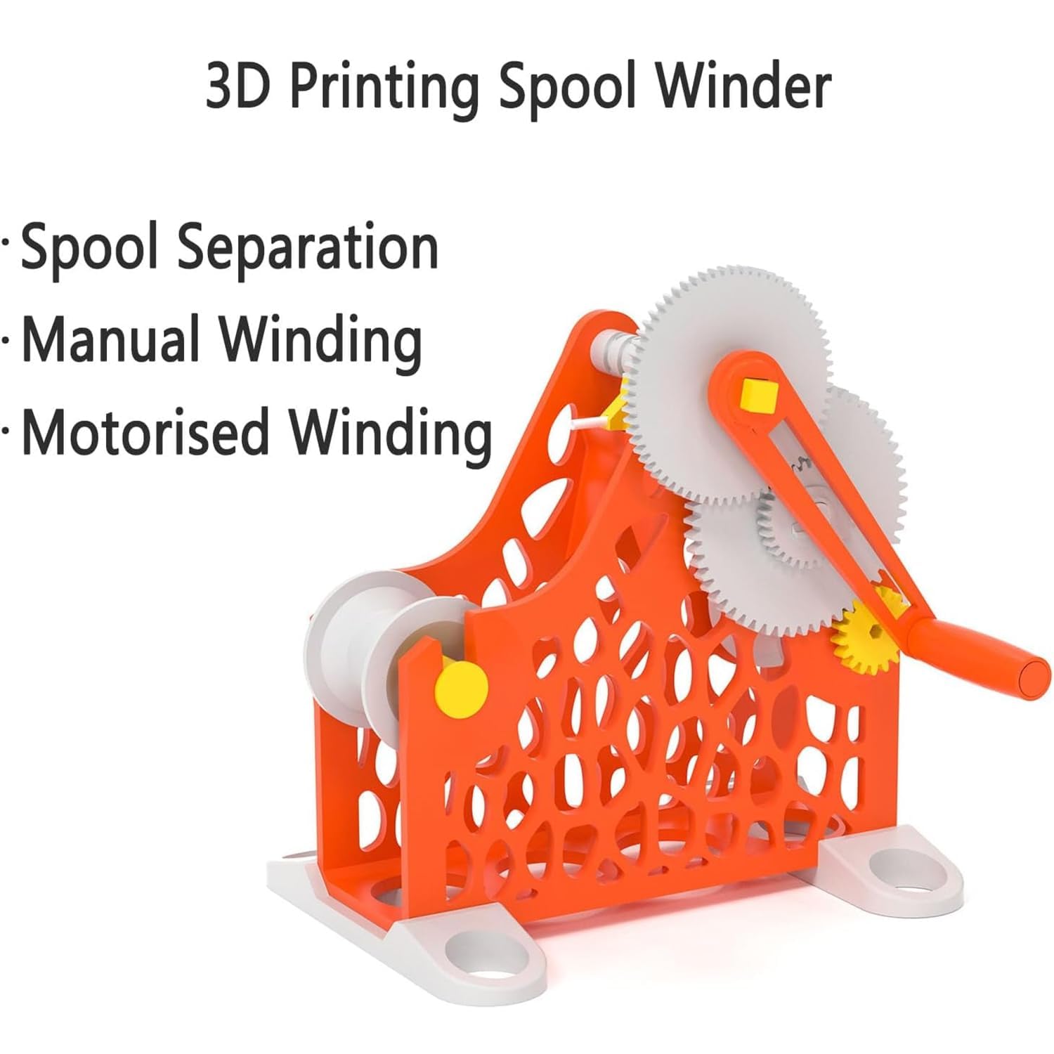 Nawijacz filamentu do drukarki 3D – system zwijania szpuli z korbą ręczną ze zdejmowaną modułową konstrukcją dla łatwego trasowania filamentu i bezproblemowej pracy