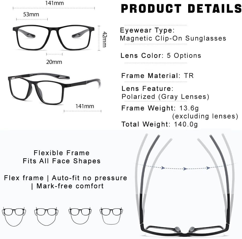 Magnetic 5Pcs Clip-On Sunglasses Set for Men and Women – Polarized UV Protection Eyewear & Magnetic Eyeglasses Frames for Night Driving & Everyday Comfort - Image 4