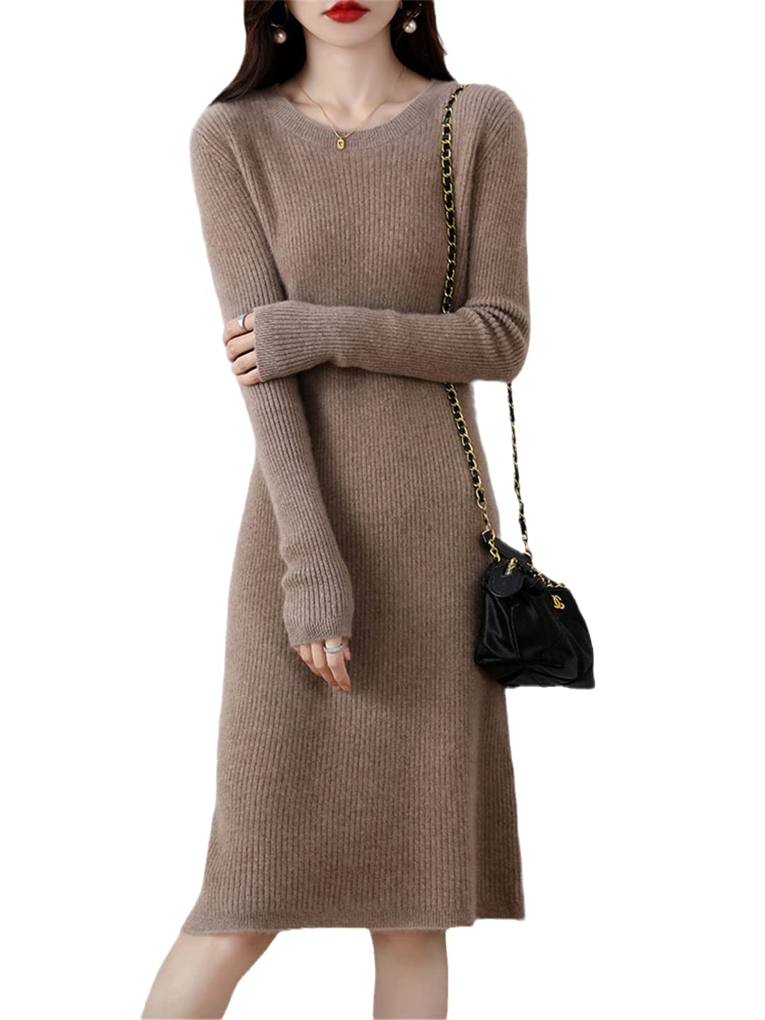Disimlarl Robe thermique élégante et décontractée en tricot 100 % laine mérinos pour femme, kaki, XL